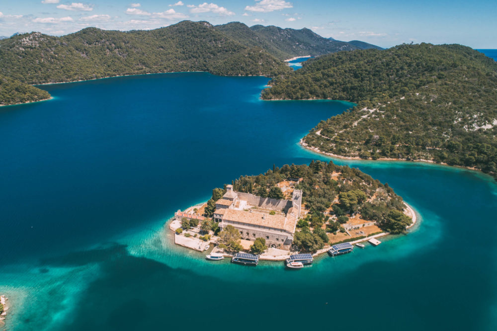 aerial view of island in the big lake on mljet island